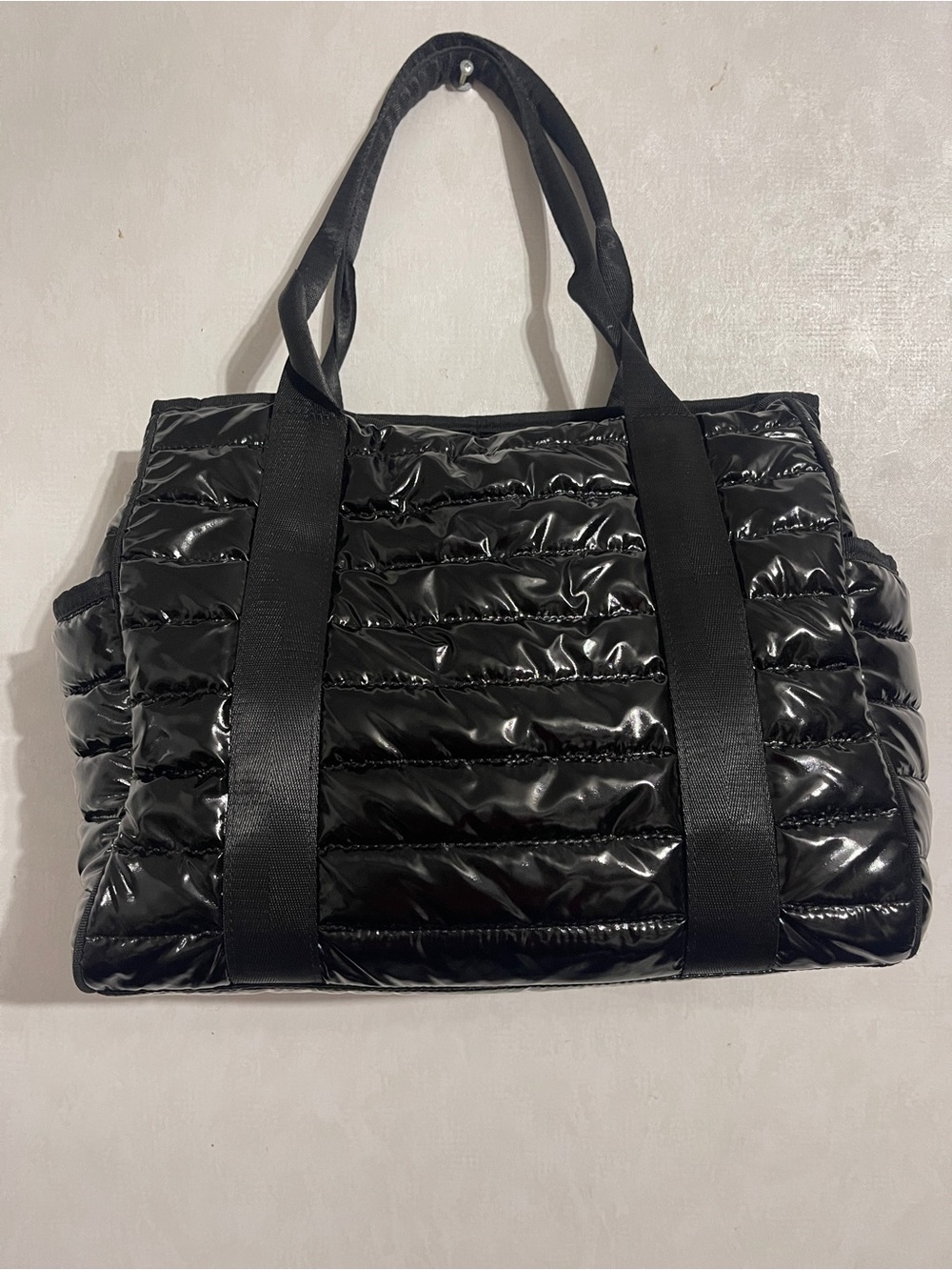Glossy Black Quilted Tote Bag with Sturdy Webbing Handles